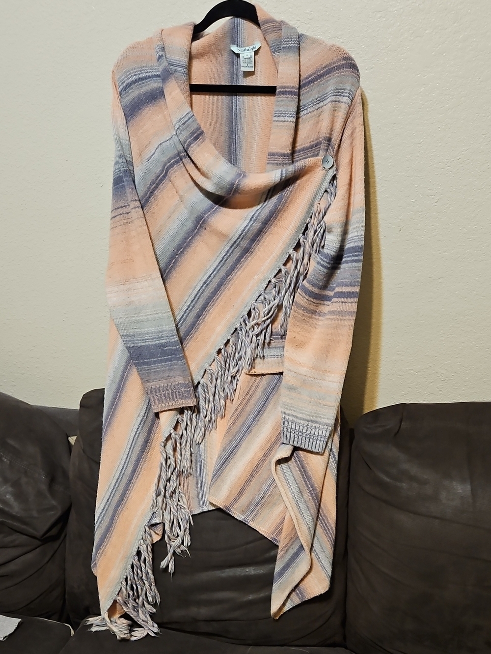 Nostalgia Peach, Gray & Blue Striped Fringe Shawl Cardigan